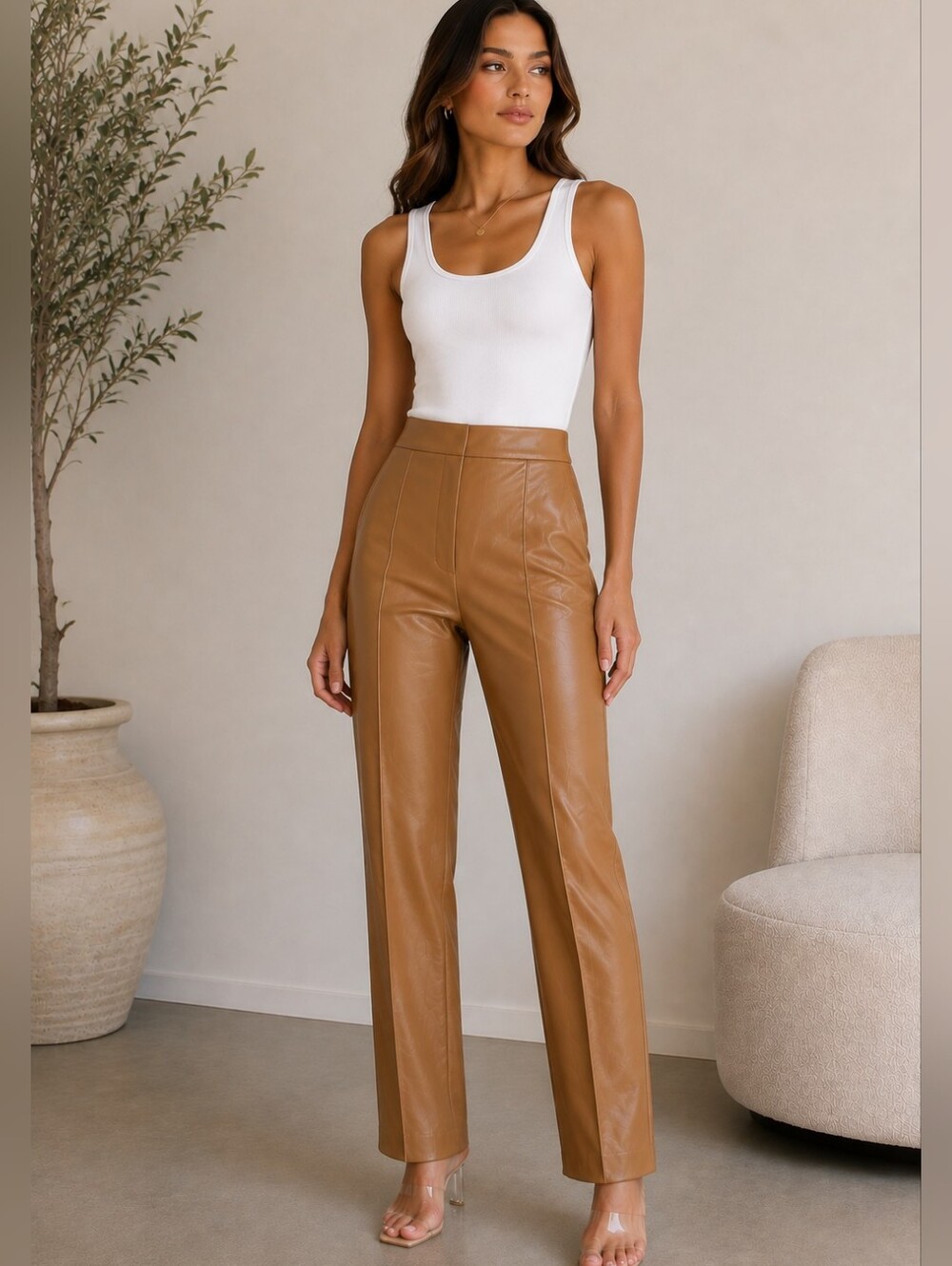 MESHki Cognac Faux Leather High Rise Straight Leg Pants XS